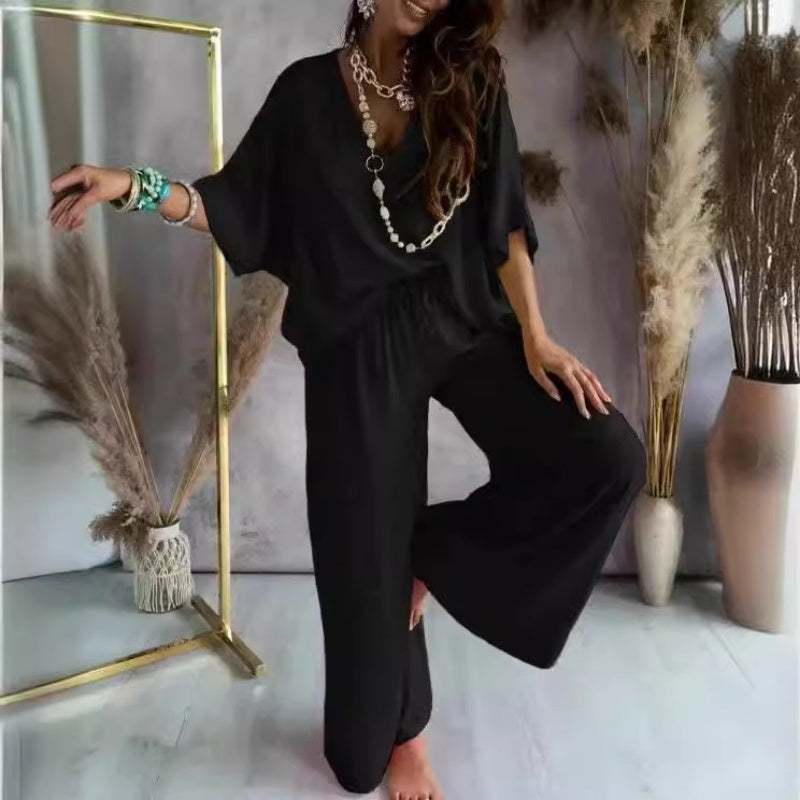 Ensemble Loungewear Femmes Col V Oversize Tissu Doux Et Respirant Pantalon Large Confortable