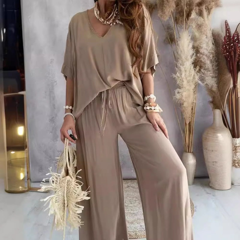 Ensemble Loungewear Femmes Col V Oversize Tissu Doux Et Respirant Pantalon Large Confortable