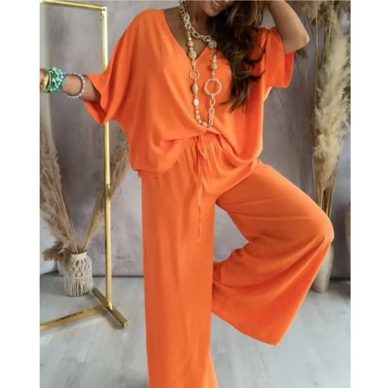 Ensemble Loungewear Femmes Col V Oversize Tissu Doux Et Respirant Pantalon Large Confortable