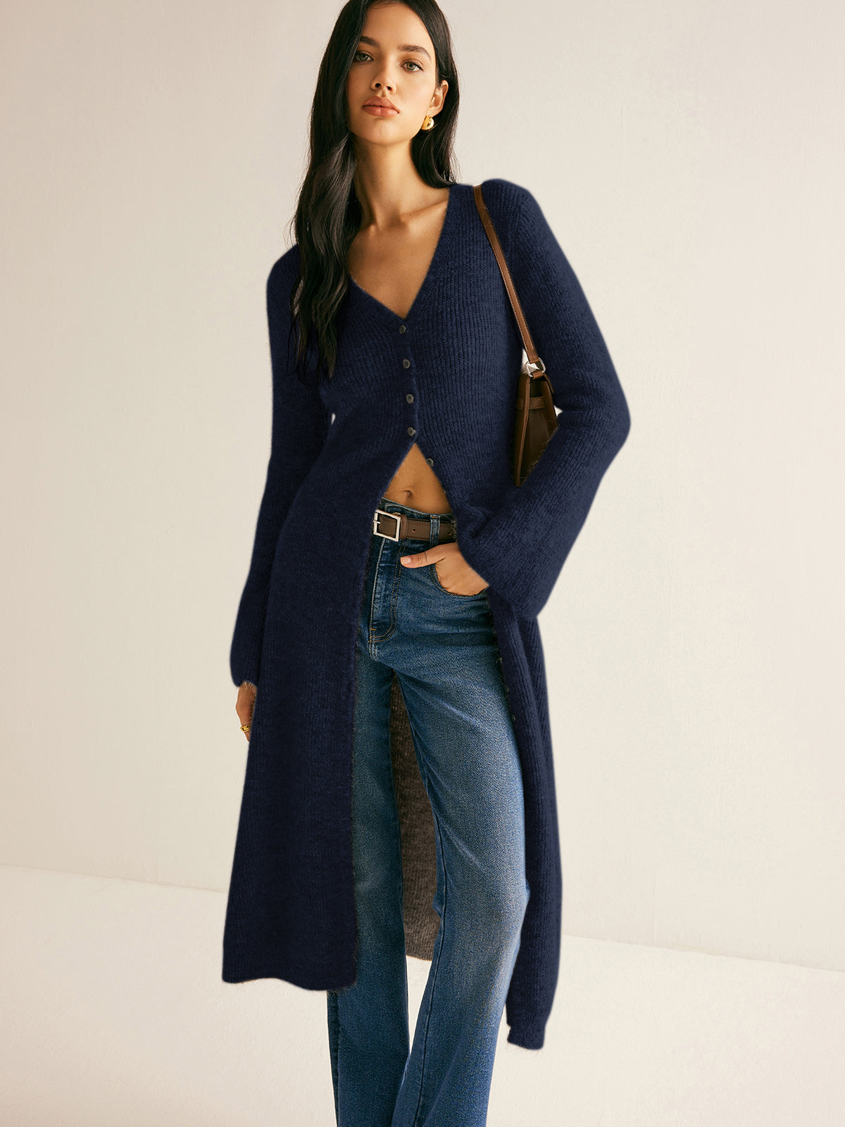 Robe Pull Midi En Maille Avec Encolure V Et Fente Avant Boutonnée Pour Femme Amawinc