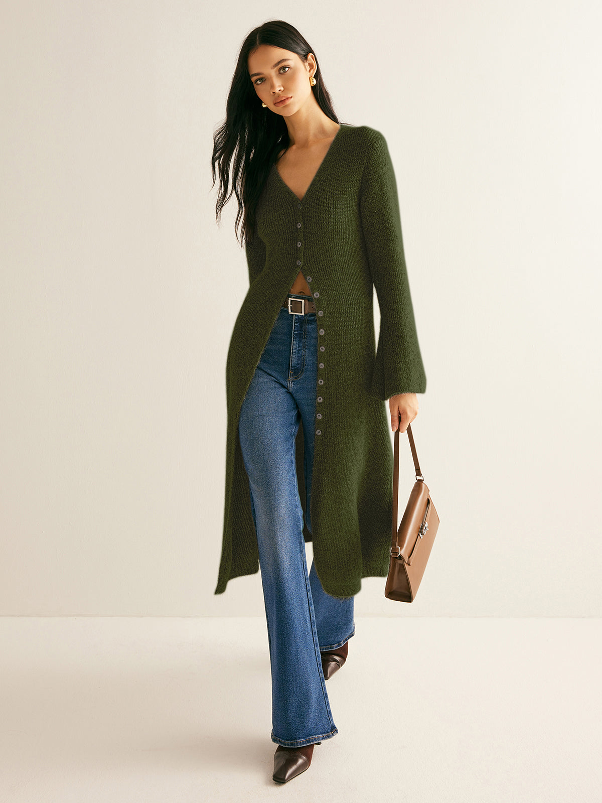 Robe Pull Midi En Maille Avec Encolure V Et Fente Avant Boutonnée Pour Femme Amawinc