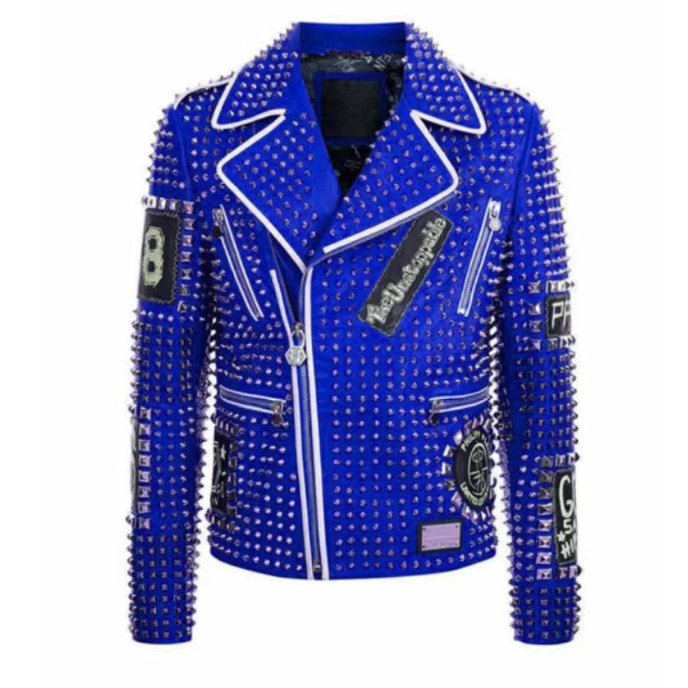 Veste Biker En Cuir Noir Et Bleu Brando Avec Clous Et Fermetures Argentées Et Bordures Argentées Amawinc