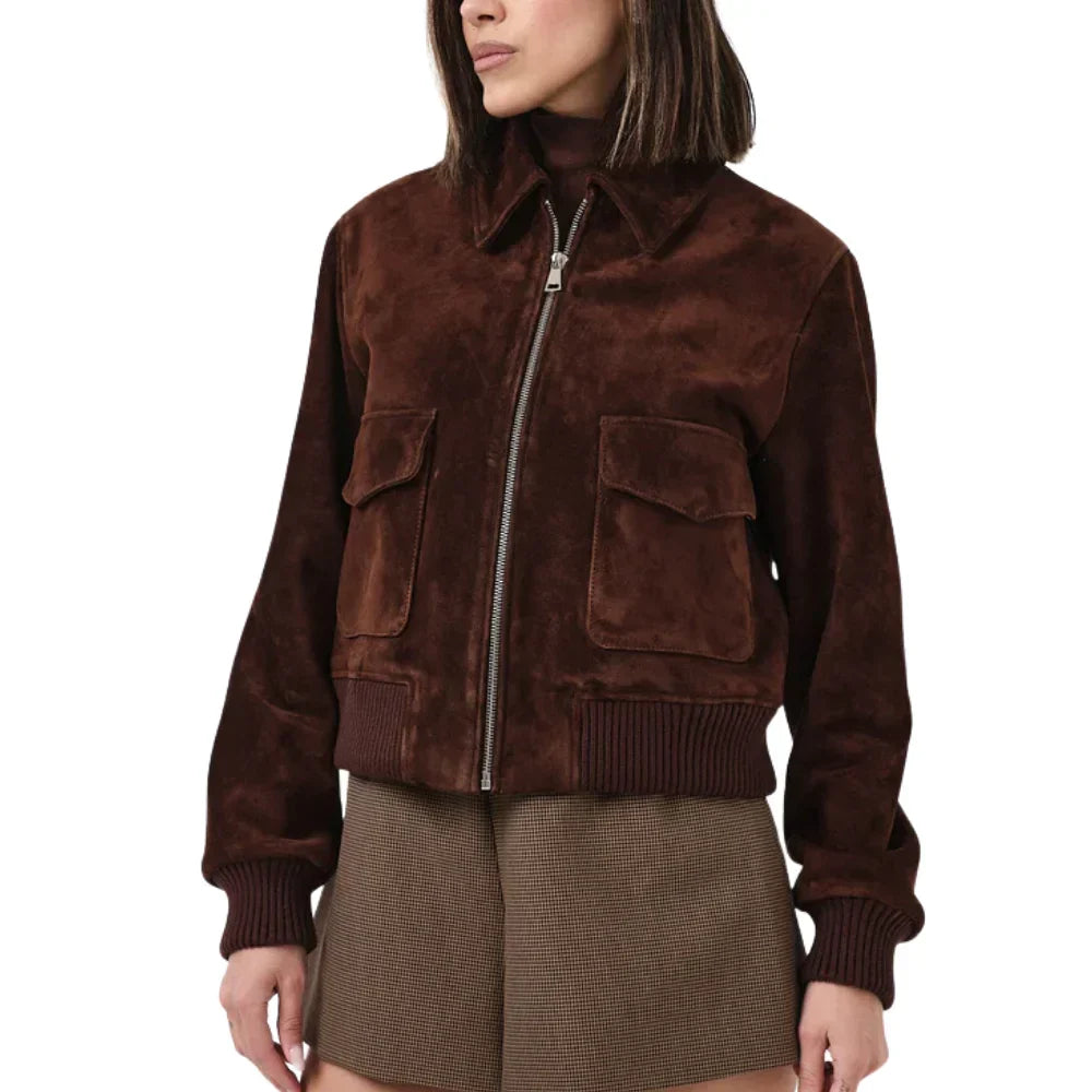 Veste Bomber Pour Femme En Daim Camel Brun Avec Doublure En Viscose Premium Pour Un Style Raffiné Et Polyvalent