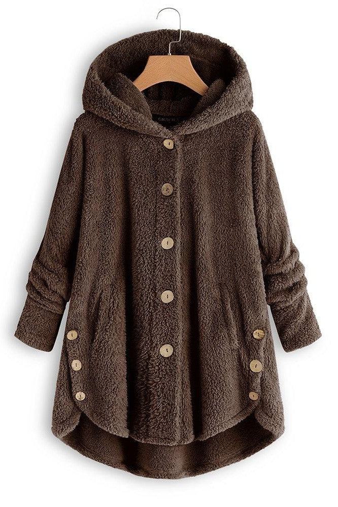 Manteau À Capuche Pour Femmes - Coupe Oversize - Texture Sherpa - Bouton Devant - Longueur Mi Longue
