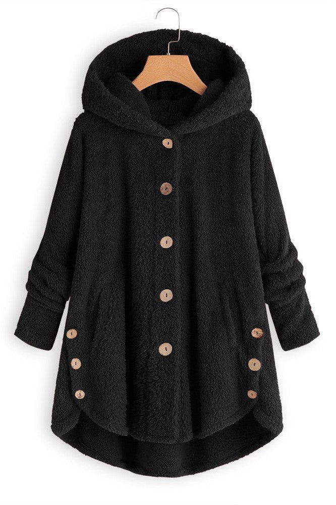 Manteau À Capuche Pour Femmes - Coupe Oversize - Texture Sherpa - Bouton Devant - Longueur Mi Longue