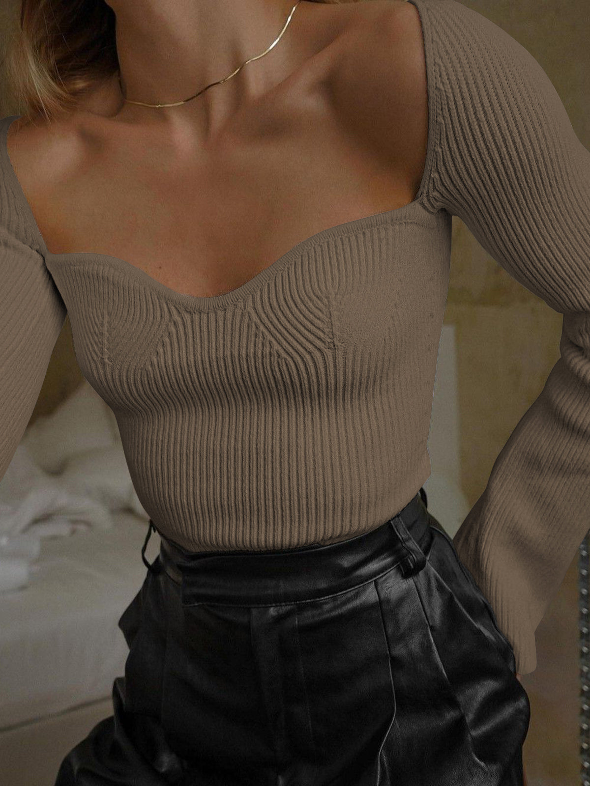 Sweetheart Haut En Maille À Manches Longues Décontracté Style Léger Pour Loisir Confort