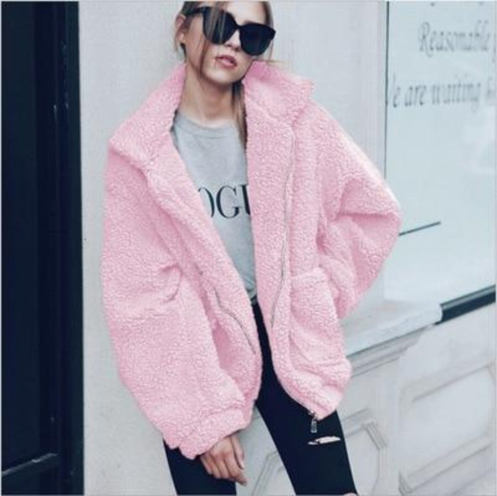 Veste Femme Oversized En Polaire Peluche Avec Zip Et Col Haut Pour Un Style Décontracté