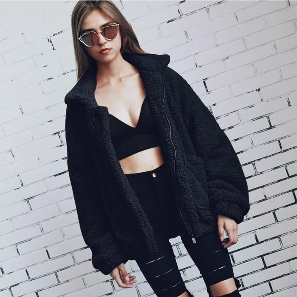 Veste Femme Oversized En Polaire Peluche Avec Zip Et Col Haut Pour Un Style Décontracté