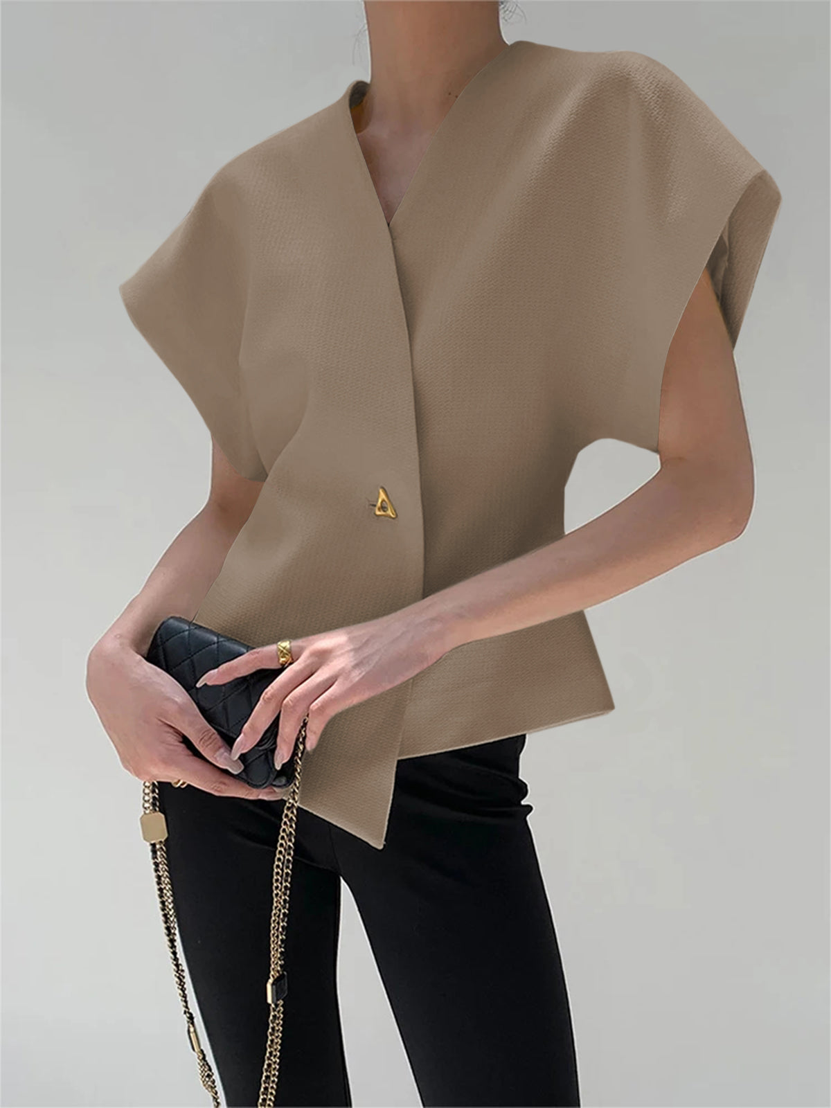 Blouse Décolletée Col V Boutonnée En Polyester Léger Sans Manches Pour Travail Et Loisirs Chic