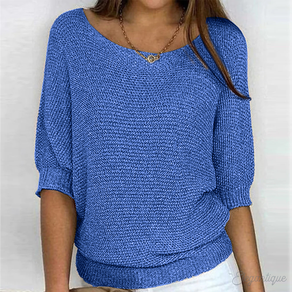 Pull En Maille Femme Ample Col Bateau Large Manches Trois Quarts Bords Côtes Effet Nordique