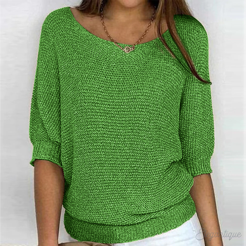 Pull En Maille Femme Ample Col Bateau Large Manches Trois Quarts Bords Côtes Effet Nordique