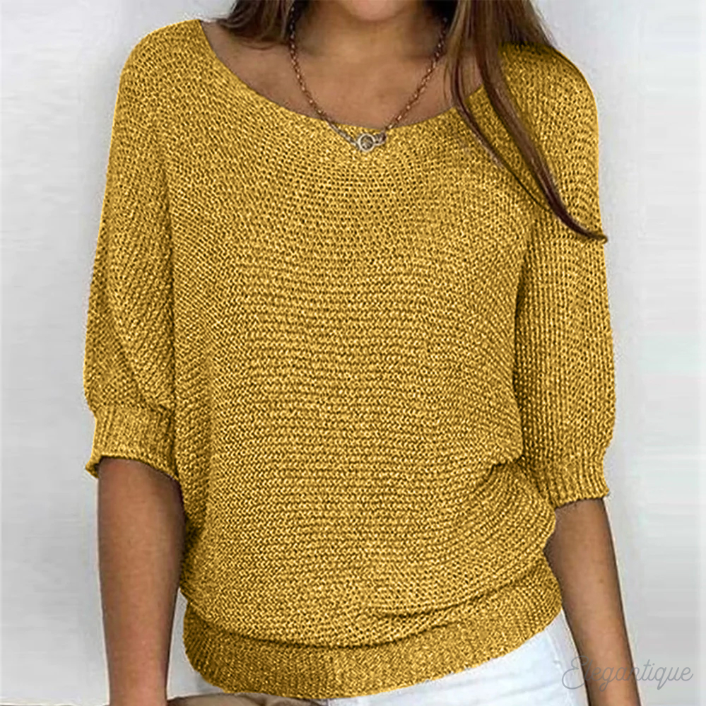Pull En Maille Femme Ample Col Bateau Large Manches Trois Quarts Bords Côtes Effet Nordique