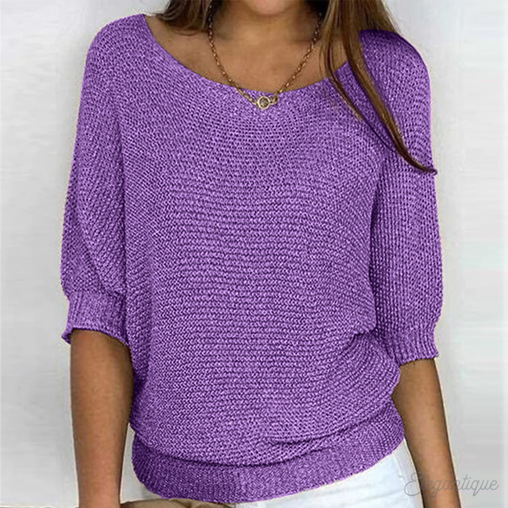 Pull En Maille Femme Ample Col Bateau Large Manches Trois Quarts Bords Côtes Effet Nordique