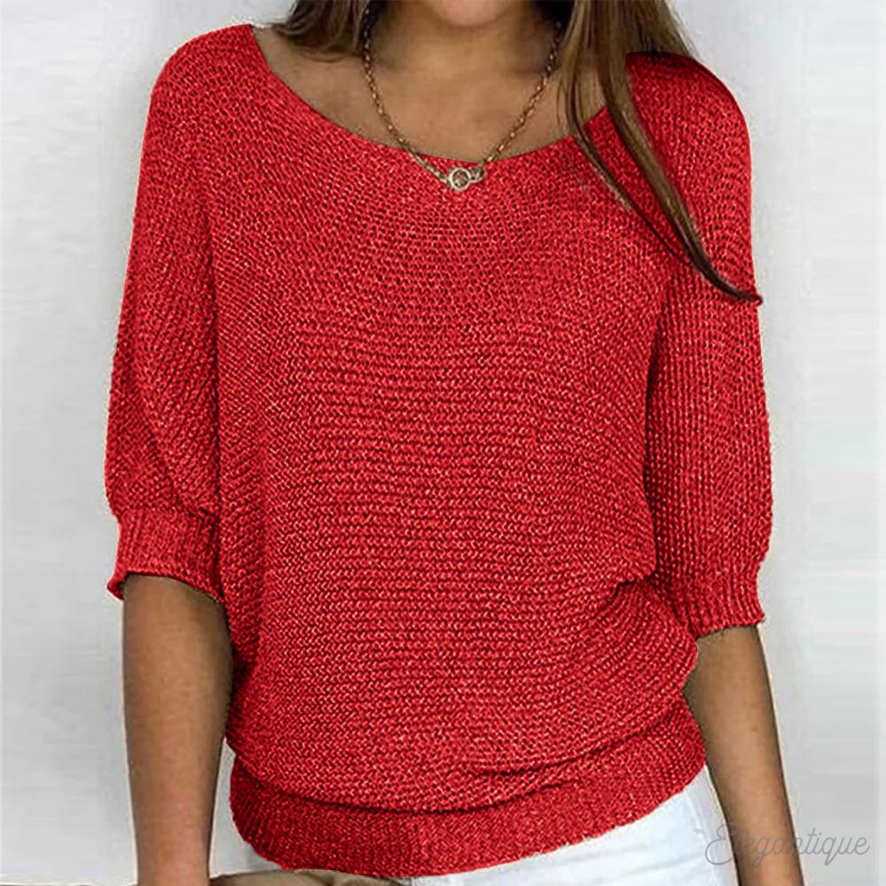 Pull En Maille Femme Ample Col Bateau Large Manches Trois Quarts Bords Côtes Effet Nordique