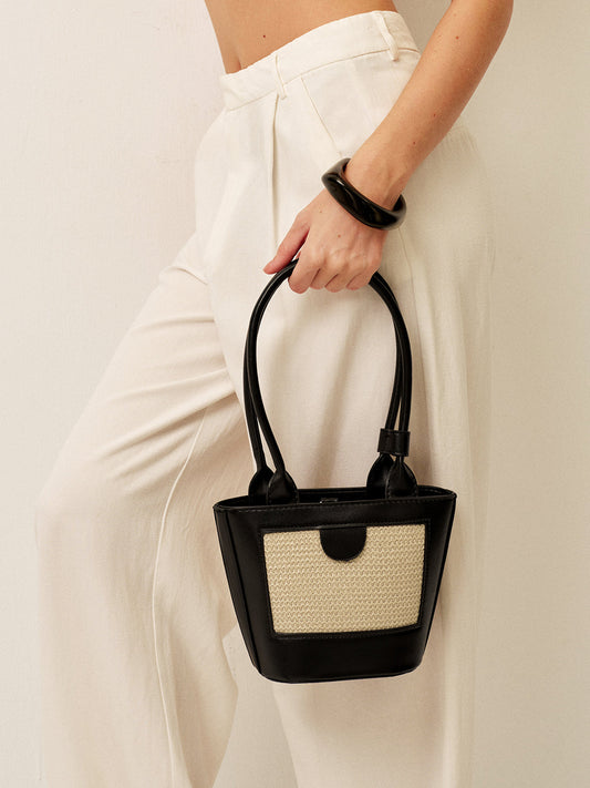 Two-Tone Woven Panel Tote Bag - Amawinc