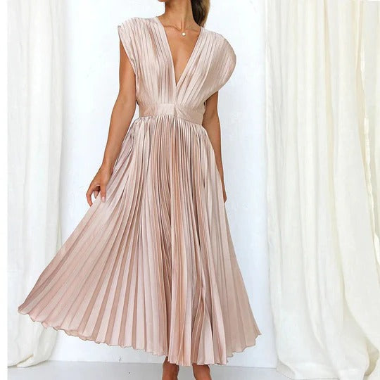 Robe À Col V Avec Nœud Arrière Midi Élégante Et Confortable Plissée Ajustable Polyvalente