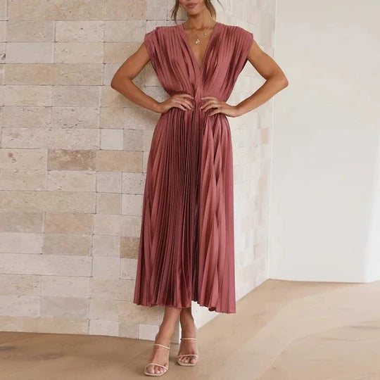 Robe À Col V Avec Nœud Arrière Midi Élégante Et Confortable Plissée Ajustable Polyvalente
