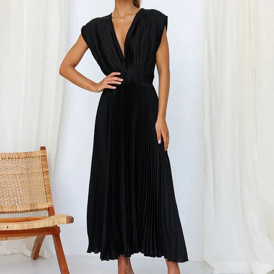 Robe À Col V Avec Nœud Arrière Midi Élégante Et Confortable Plissée Ajustable Polyvalente