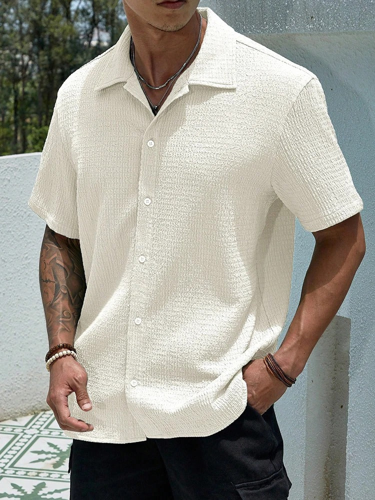 Chemise À Manches Courtes Pour Hommes Tissu Texturé Confort Décontracté Avec Fermeture Bouton Été