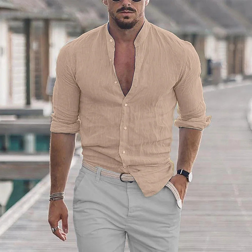 Chemise Homme Slim Fit En Mélange Lin Col Mandarin Manche Longue Respirante Pour Tenue Décontractée Et Habillée