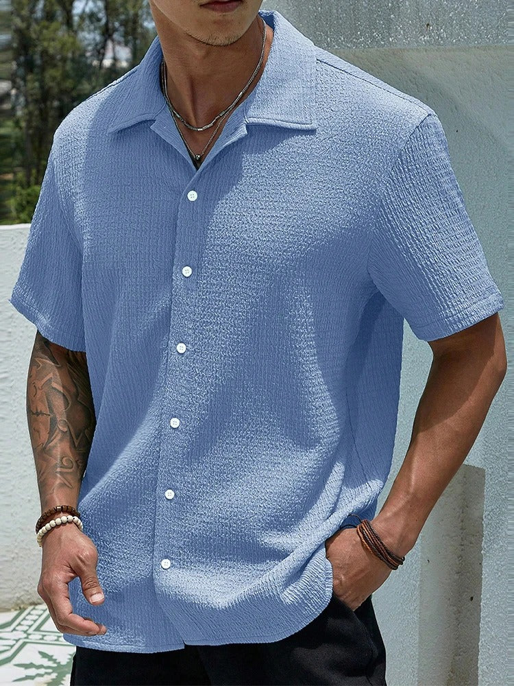Chemise À Manches Courtes Pour Hommes Tissu Texturé Confort Décontracté Avec Fermeture Bouton Été