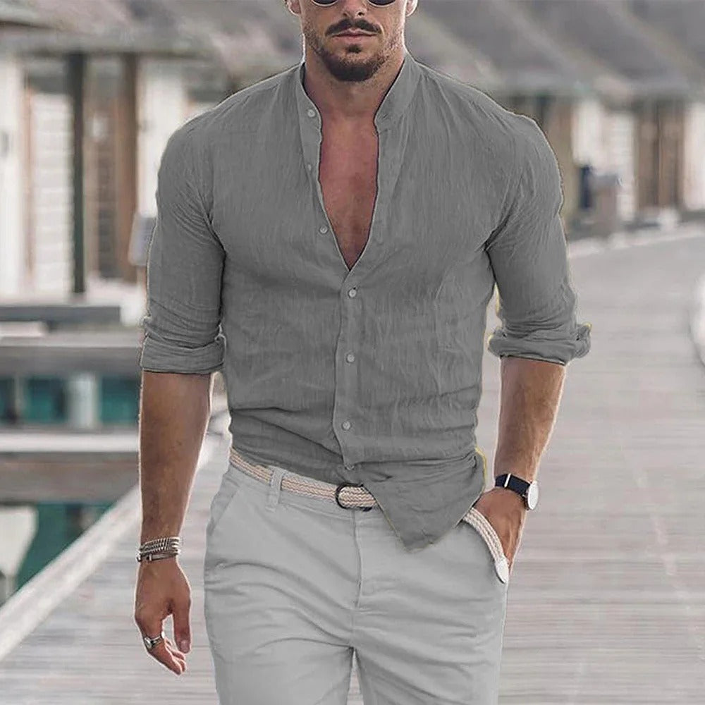 Chemise Homme Slim Fit En Mélange Lin Col Mandarin Manche Longue Respirante Pour Tenue Décontractée Et Habillée