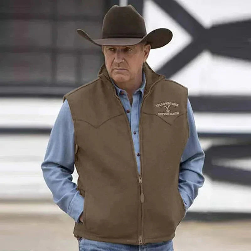 Gilet Zippé Pour Homme En Laine Mélangée Coupe Régulière Avec Broderie Sur La Poitrine Longueur Aux Hanches