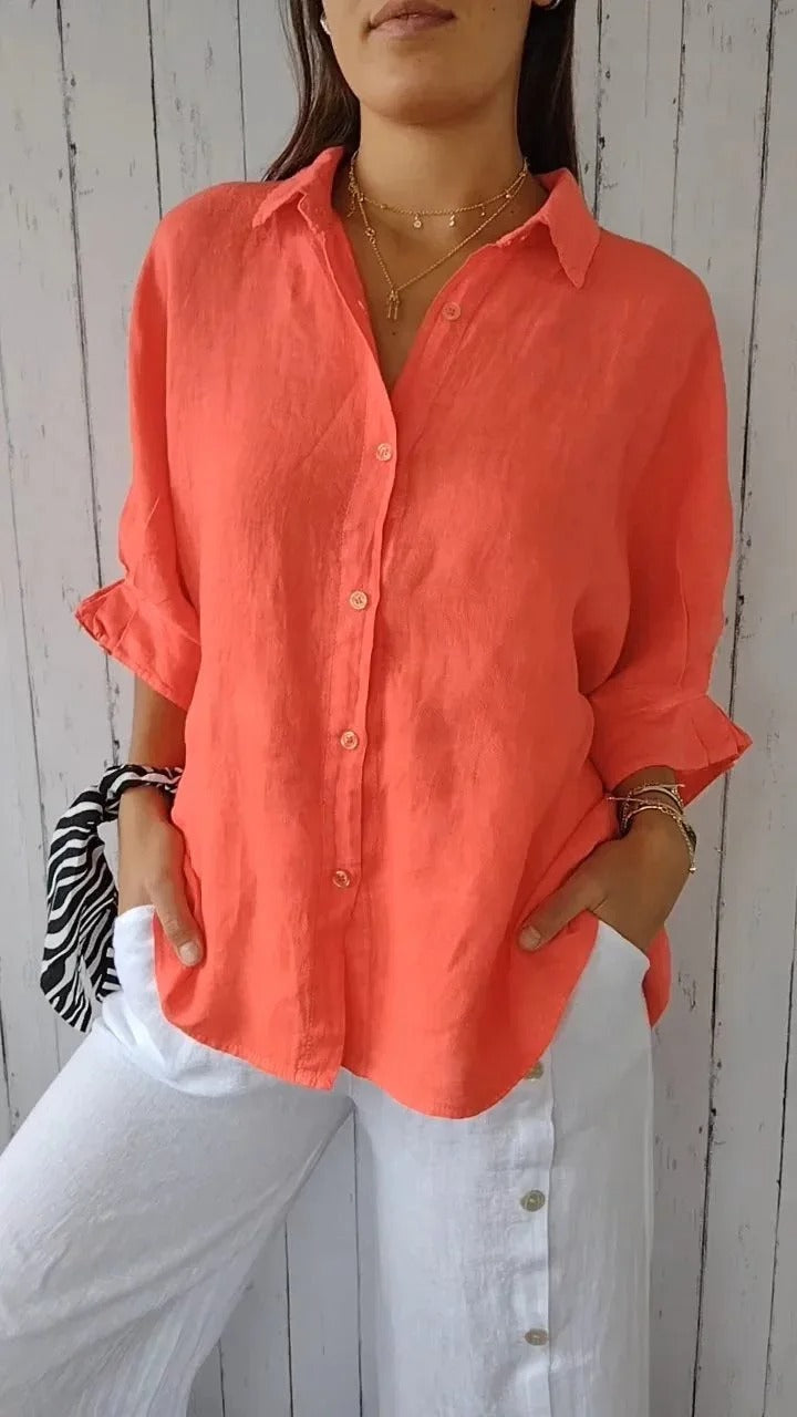 Chemise Femme En Lin 100 Pourcent Coupe Décontractée Manches Longues Poignets Ajustables