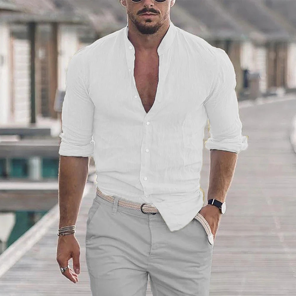 Chemise Homme Slim Fit En Mélange Lin Col Mandarin Manche Longue Respirante Pour Tenue Décontractée Et Habillée
