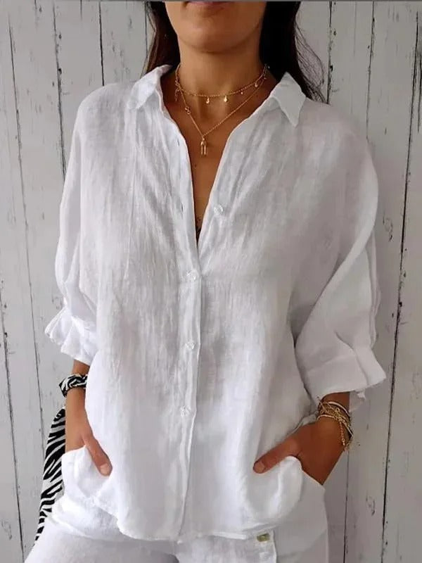 Chemise Femme En Lin 100 Pourcent Coupe Décontractée Manches Longues Poignets Ajustables