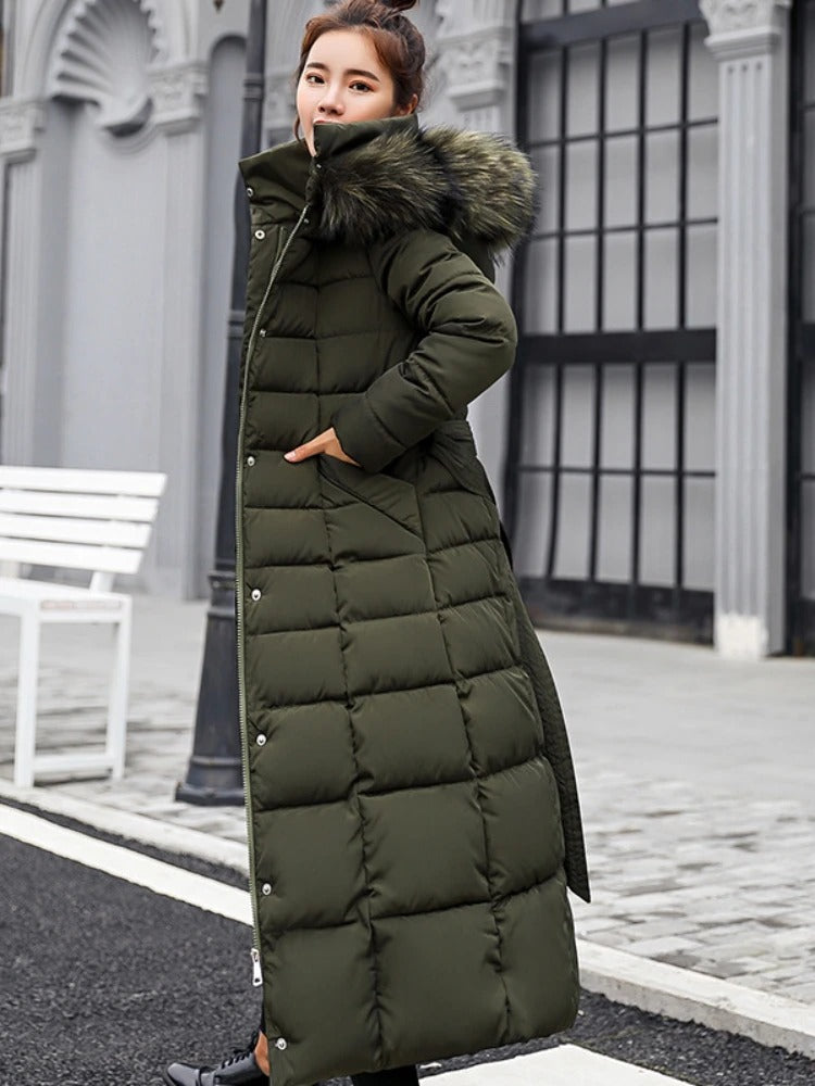 Grace Manteau Long Doudoune Ceinturé Pour Femmes Hiver Matelassé Chaud Et Élégant