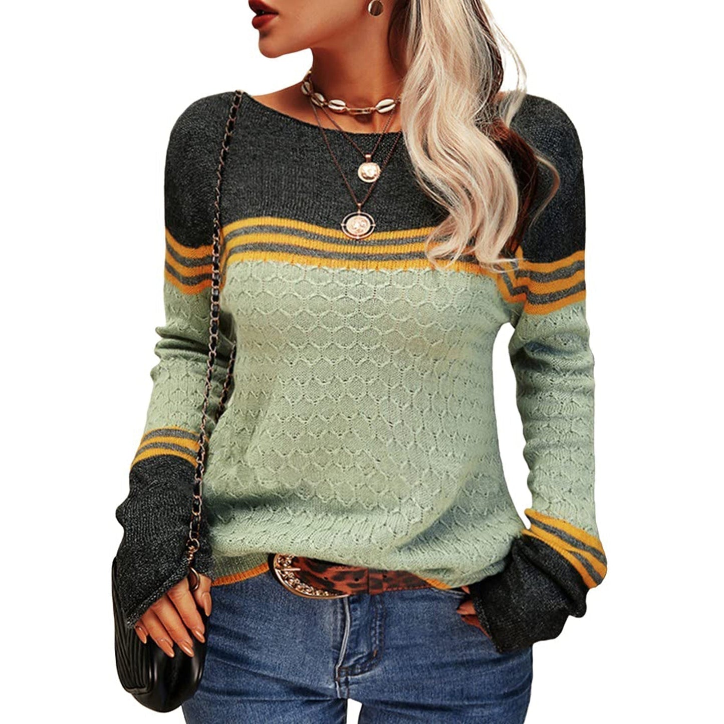 Cooler gestreifter Damen-Strickpullover