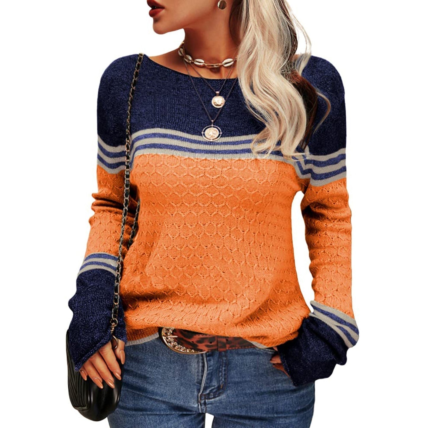 Cooler gestreifter Damen-Strickpullover