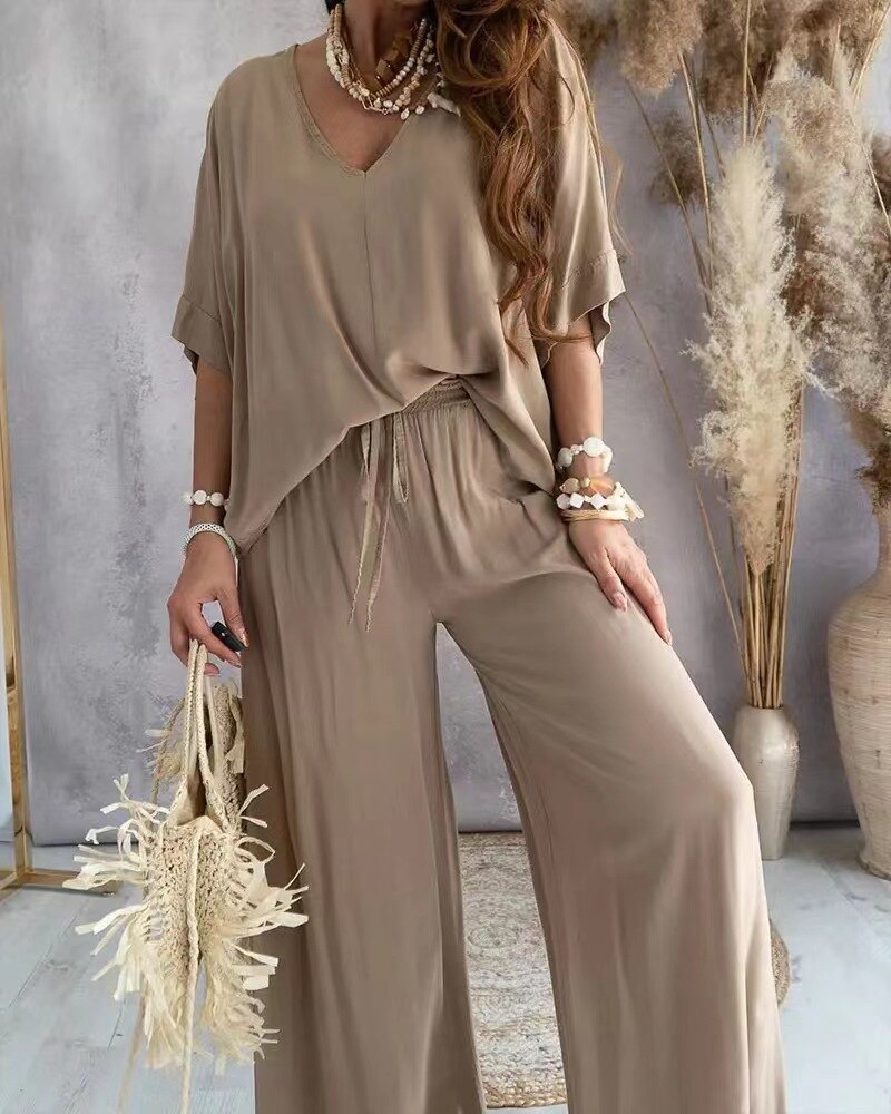 Avelena Women's Casual Two-Piece Suit: Shirt & Wide-Leg Pants