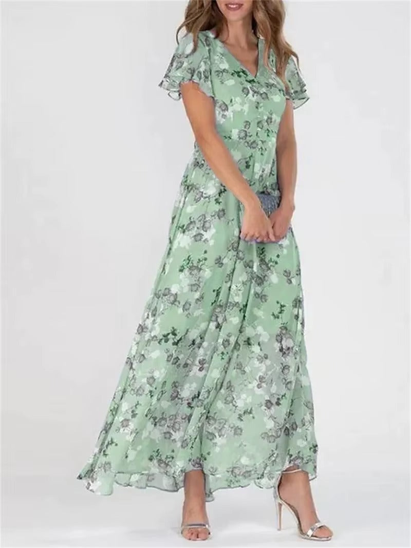 Robe Femme Élégante Décolleté En V Avec Manches Volantes Imprimé Floral Taille Haute