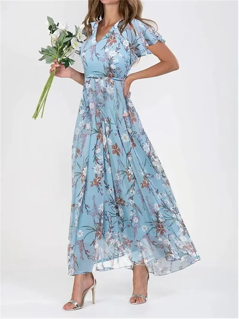 Robe Femme Élégante Décolleté En V Avec Manches Volantes Imprimé Floral Taille Haute