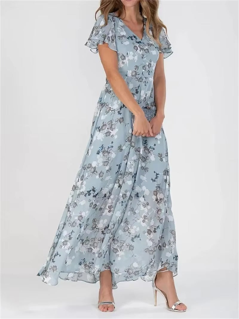 Robe Femme Élégante Décolleté En V Avec Manches Volantes Imprimé Floral Taille Haute
