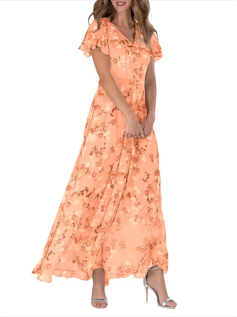 Robe Femme Élégante Décolleté En V Avec Manches Volantes Imprimé Floral Taille Haute