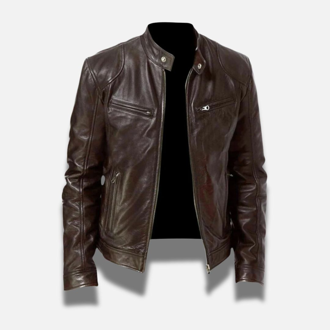 Veste Oscar Cuir Premium Slim Fit Racer Avec Col Band Et Poches Zippées Pour Hommes Collection Élégante Polyvalente