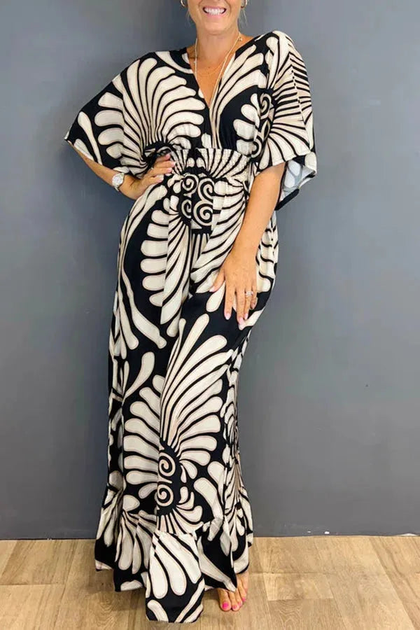 Combinaison Femme Encolure en V Manches Amples Taille Smockée Pantalon Évasé Look Bohème