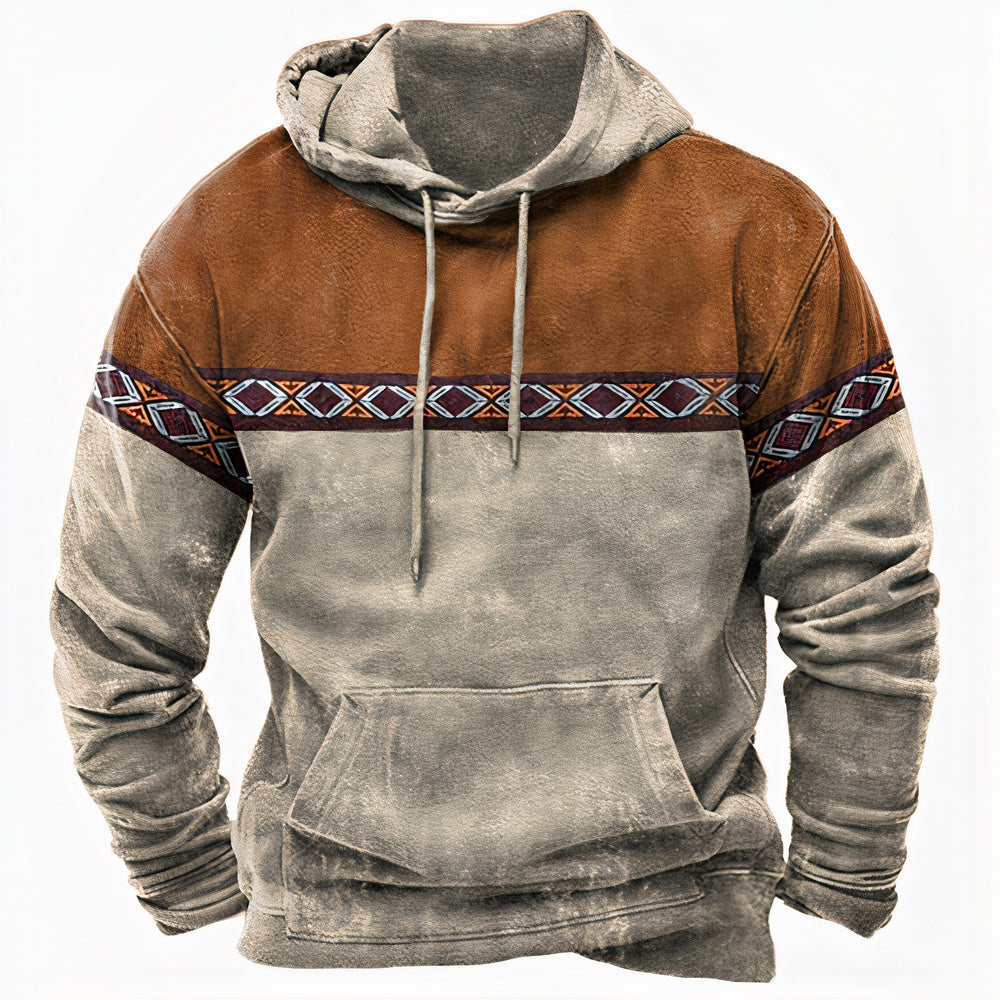 Sweat À Capuche Homme Style Rétro Chaud Décontracté Avec Motif Bloc Couleur Vintage Et Détails Tribaux