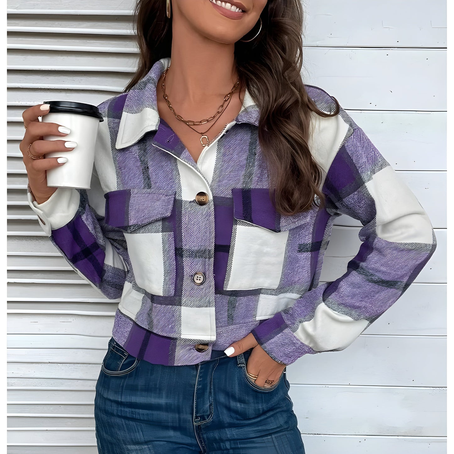 Veste Courte À Carreaux Lavés Avec Poches Plaquées Boutons En Corne Synthétique Col Revers Poignets De Chemise