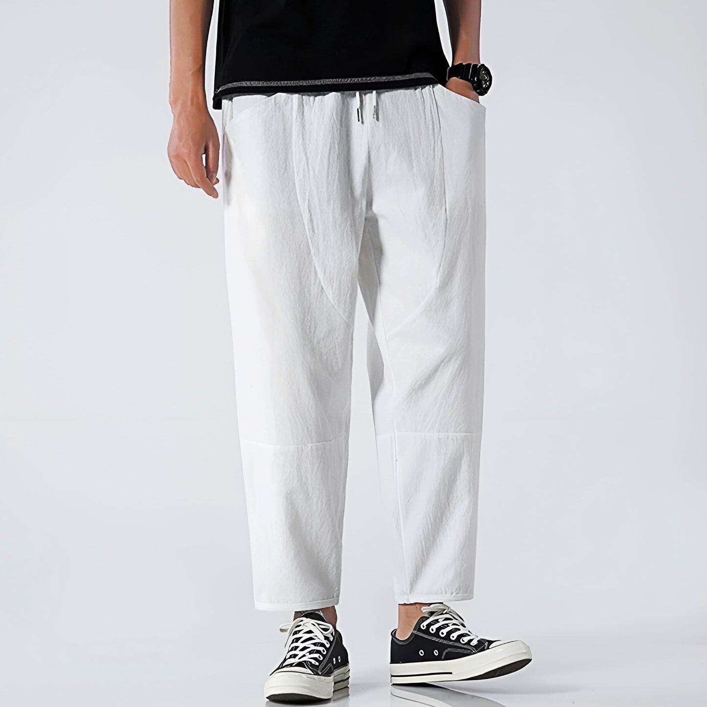 Pantalon Cropped En Coton Lin Respirant À Taille Ajustable Par Cordon Coupe Décontractée Et Moderne