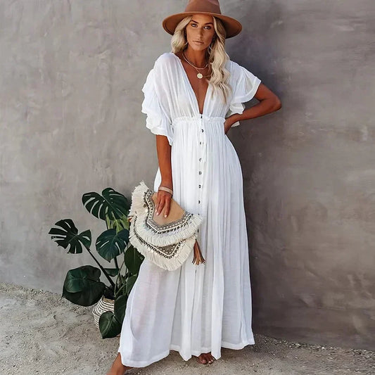 Women's Maxi Dress – Loose Fit – Cotton Blend – Puff Sleeves – V-Neck Boho Style - Amawinc