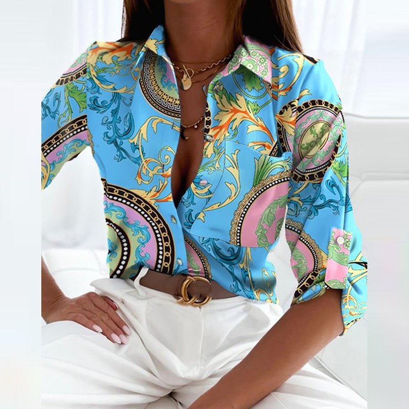 Blouse Femme Col Classique Bouton De Fermeture Légère Et Fluide Manche Longue Motif Nordique