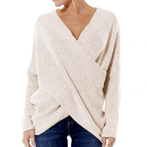 Pull Femme En Maille Côtélee Avec Encolure En V Croisée Coupe Relaxée Manches Longues