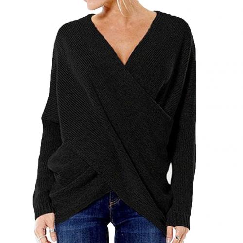 Pull Femme En Maille Côtélee Avec Encolure En V Croisée Coupe Relaxée Manches Longues