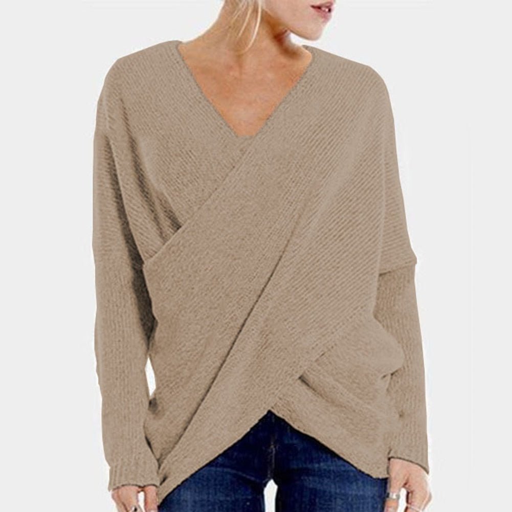 Pull Femme En Maille Côtélee Avec Encolure En V Croisée Coupe Relaxée Manches Longues
