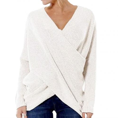 Pull Femme En Maille Côtélee Avec Encolure En V Croisée Coupe Relaxée Manches Longues