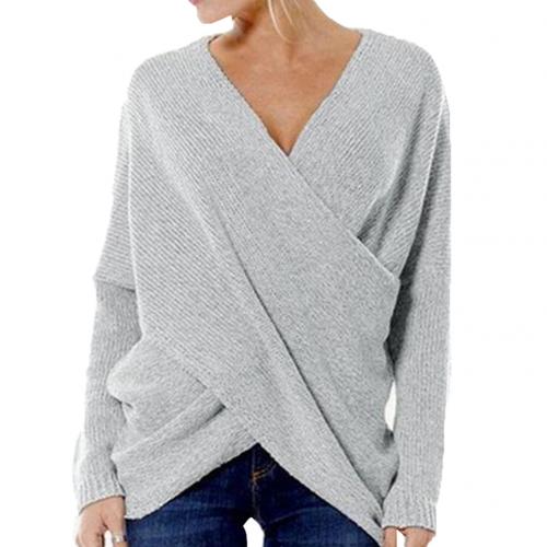 Pull Femme En Maille Côtélee Avec Encolure En V Croisée Coupe Relaxée Manches Longues